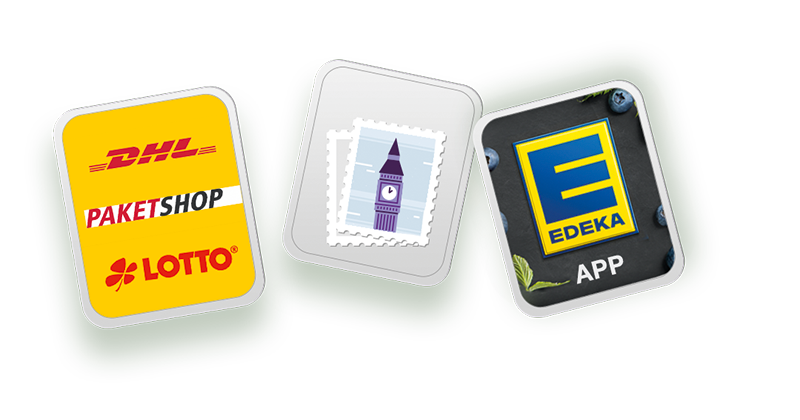 Angebotene Produkte bei Whatsapp: DHL Paketshop, Briefmarken, Edeka App